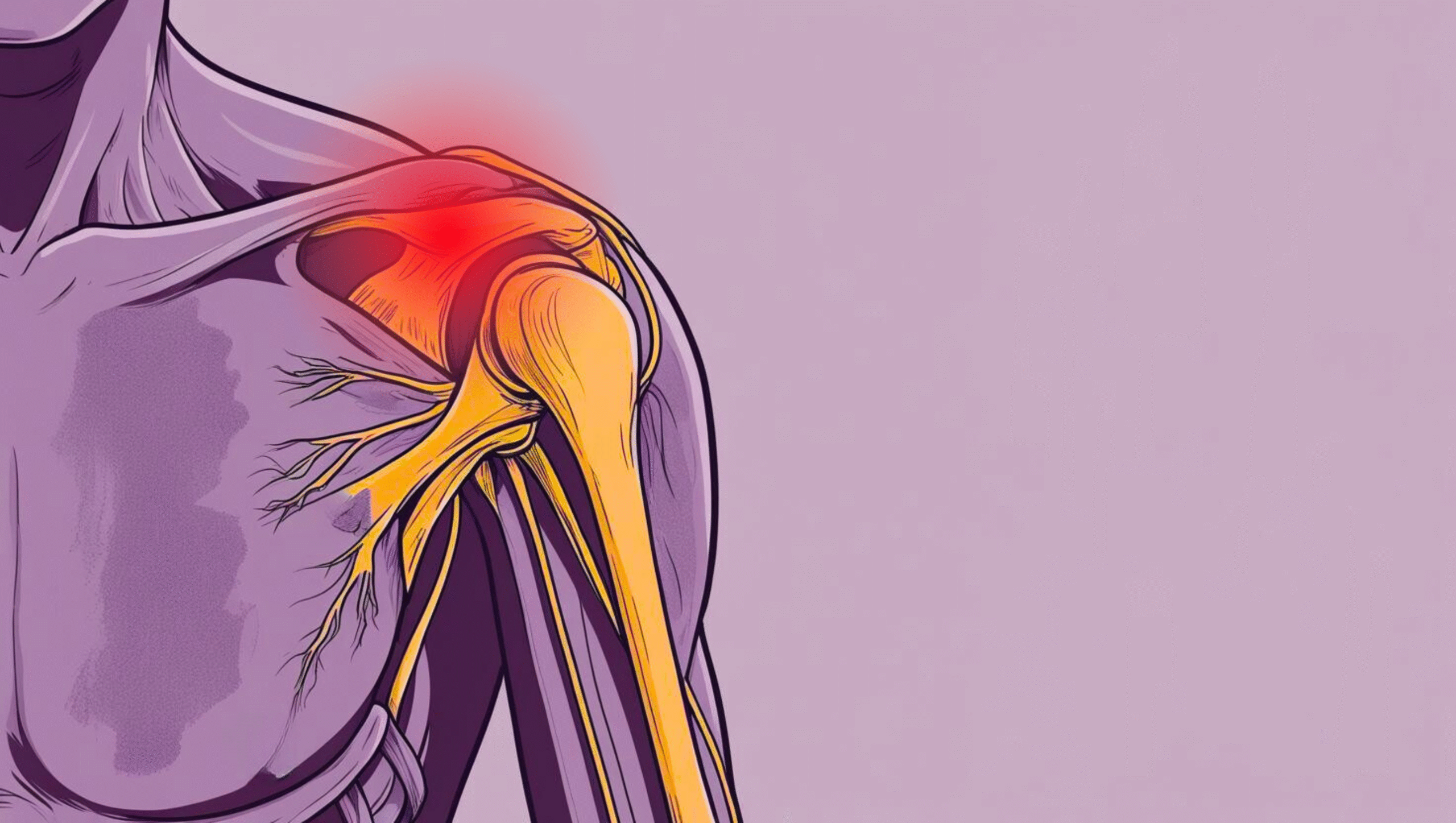 Illustration of a shoulder joint showing inflamed rotator cuff tendons causing chronic pain.