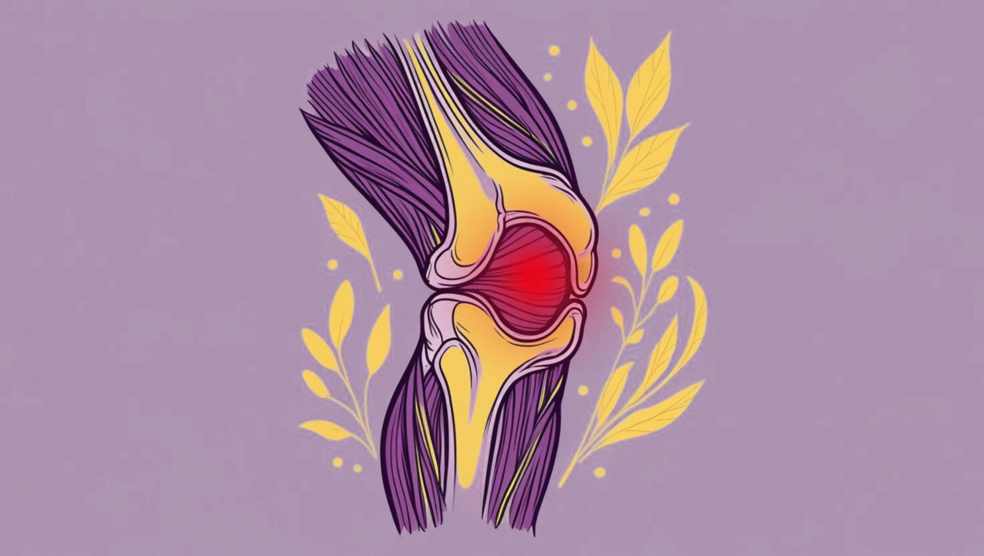 Illustration of a knee joint highlighting muscle groups around the knee, showing imbalance leading to chronic pain.