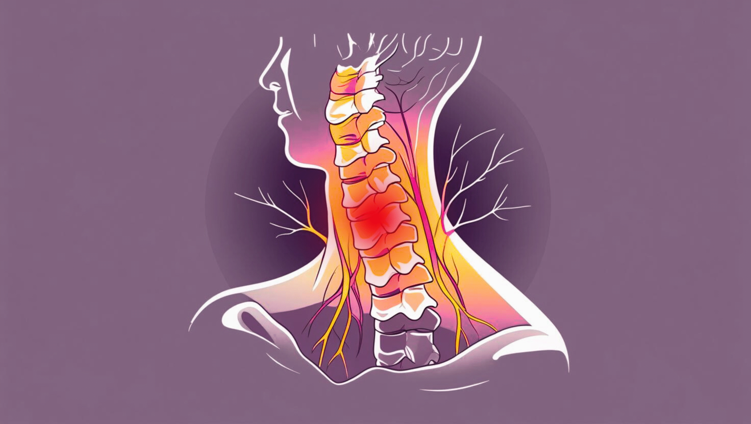 Illustration of the cervical spine showing compressed nerves causing chronic neck pain and stiffness.