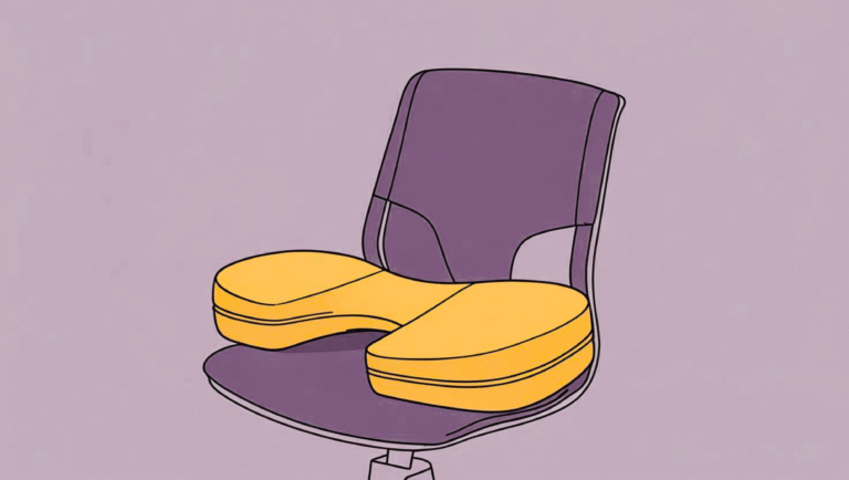 Lumbar support cushion placed on office chair to reduce lower back pain and improve posture.