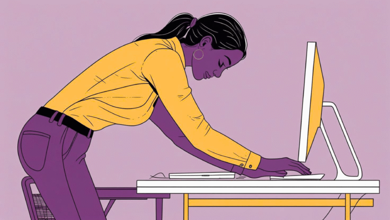 Office worker performing simple workplace stretches to prevent back, neck, and shoulder pain.