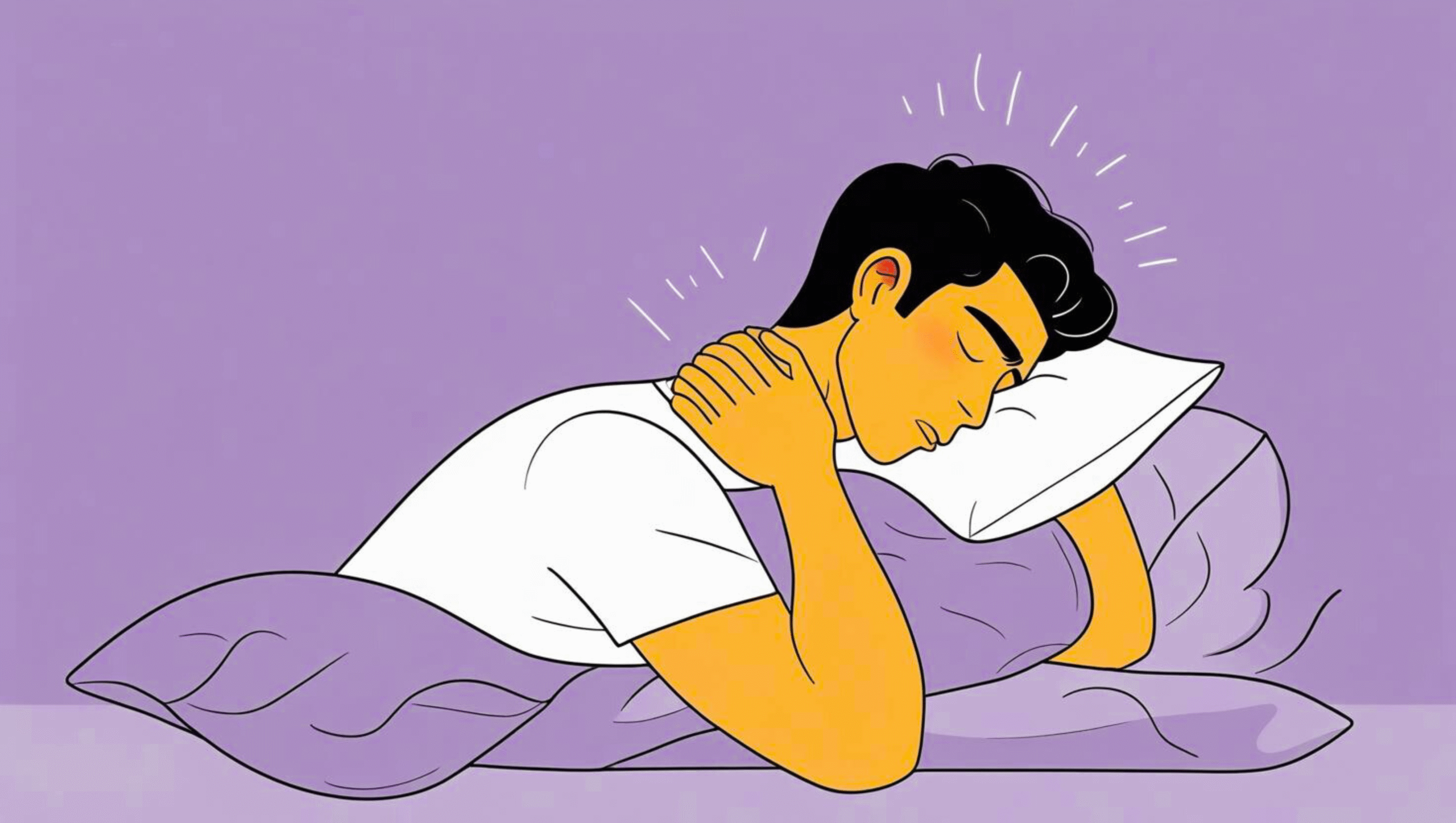 Person waking up with neck pain, holding their neck while lying on an unsupportive pillow.