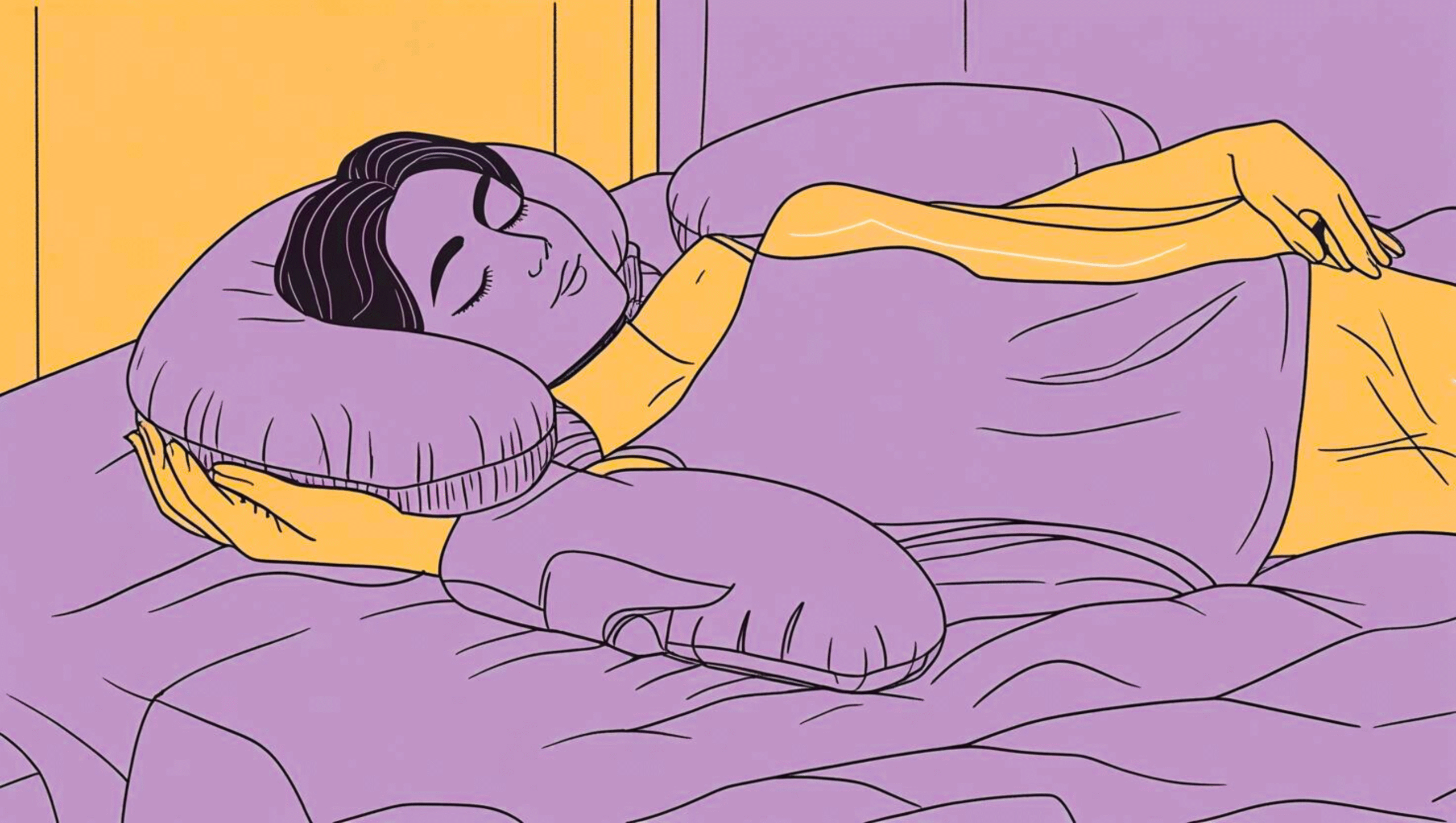 Person lying on bed using a supportive cervical pillow to relieve neck strain and improve spinal alignment during sleep.