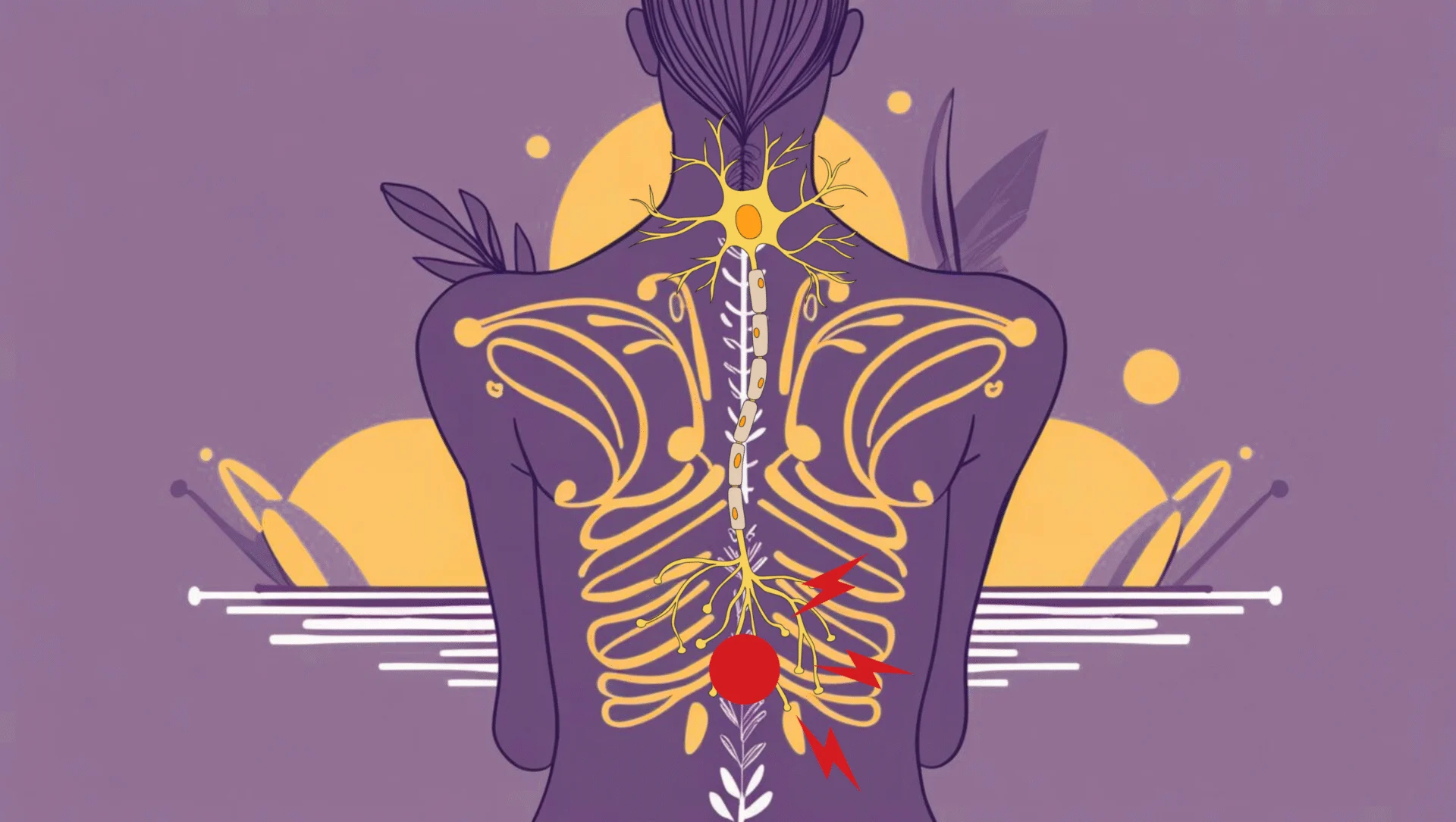Medical illustration of the spine showing compressed nerves causing chronic back pain.