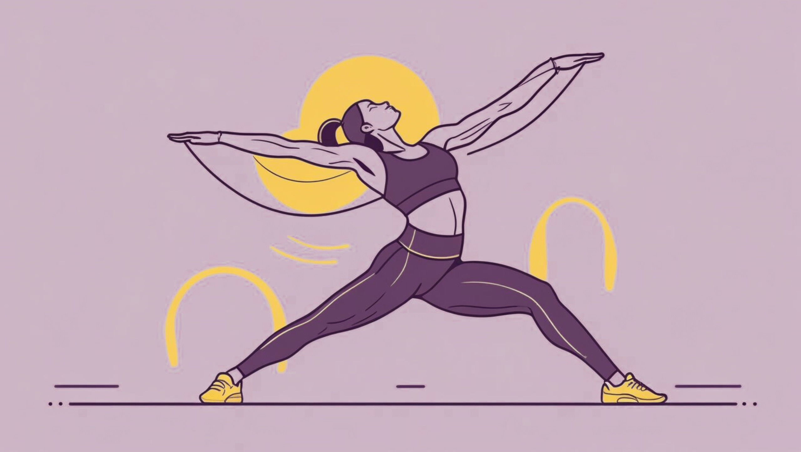 Illustration of a strong woman in a yoga warrior pose, symbolizing strength, balance, and fitness.
