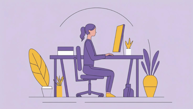 Illustration showing correct sitting and standing posture with ergonomic desk setup to prevent muscle and joint pain.