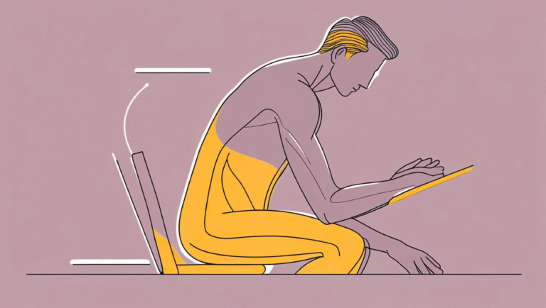 Person sitting at a desk with slouched posture, another bending over phone, showing common everyday posture problems.