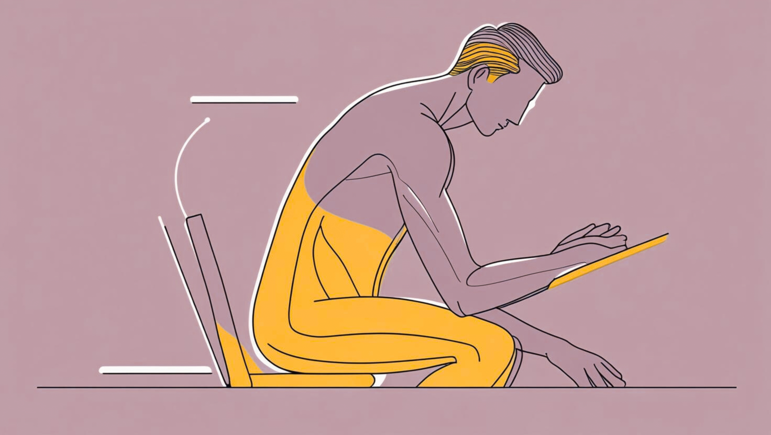 Person sitting at a desk with slouched posture, another bending over phone, showing common everyday posture problems.