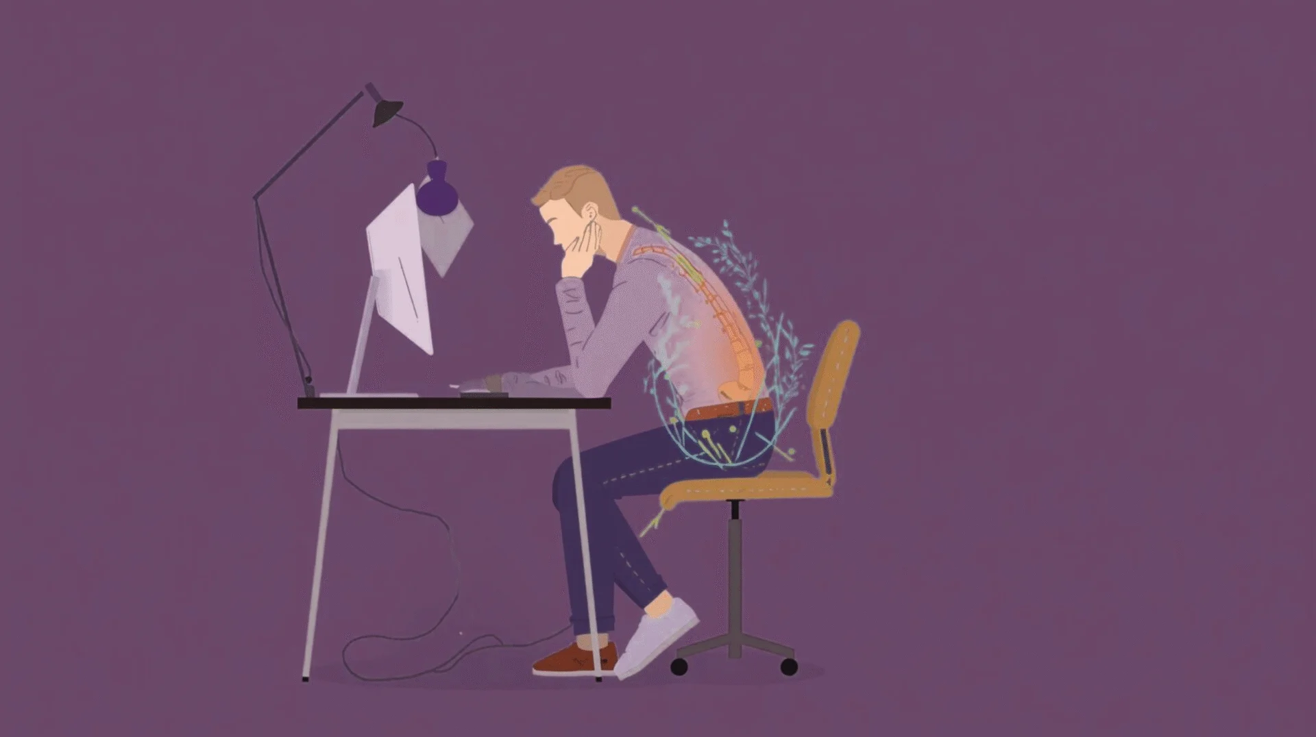 Illustration showing a person sitting at a desk with poor posture, highlighting pressure on the tailbone and areas prone to pain.