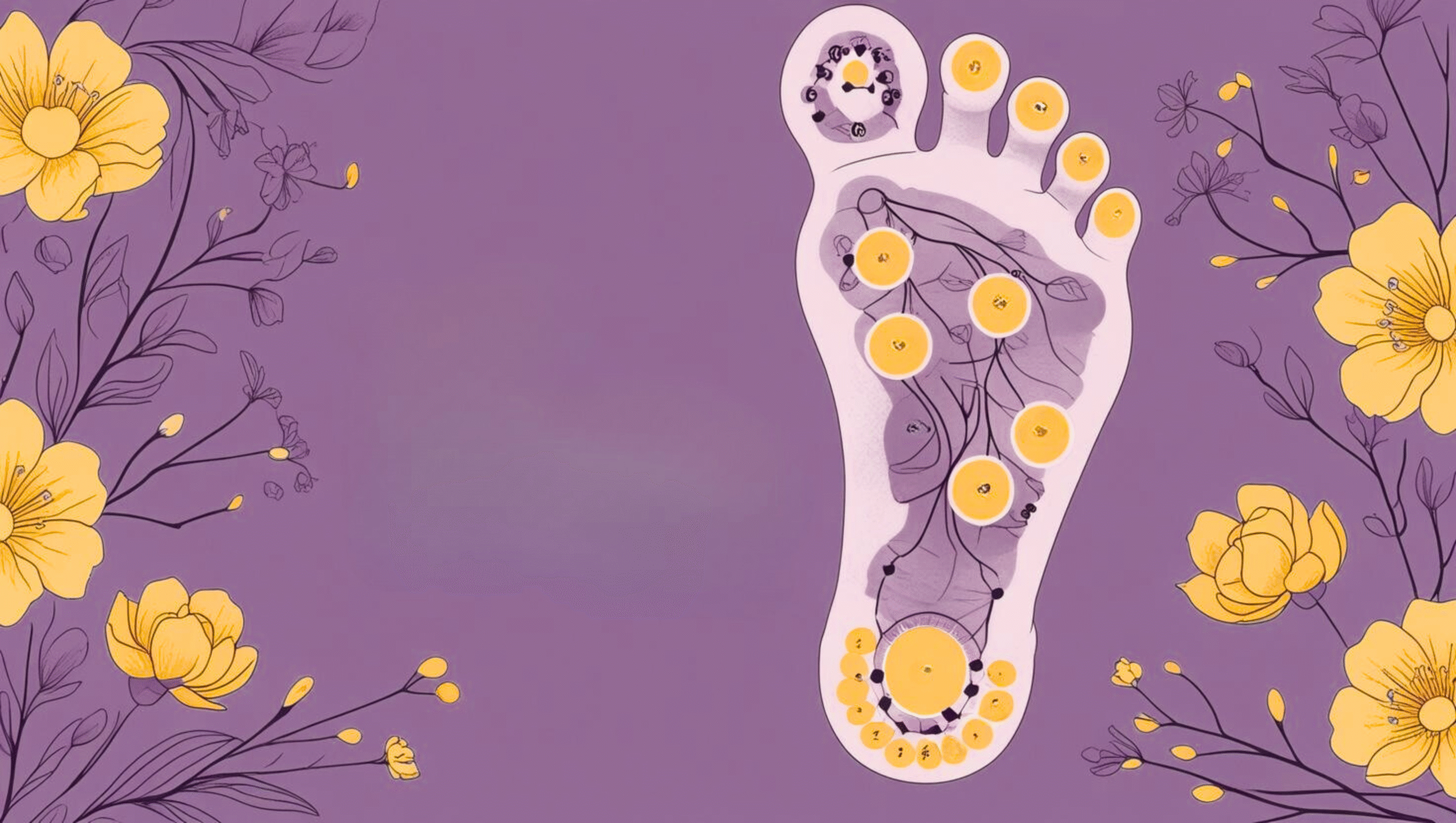 Diagram of foot acupressure points with labels showing pressure areas linked to relaxation and health benefits.