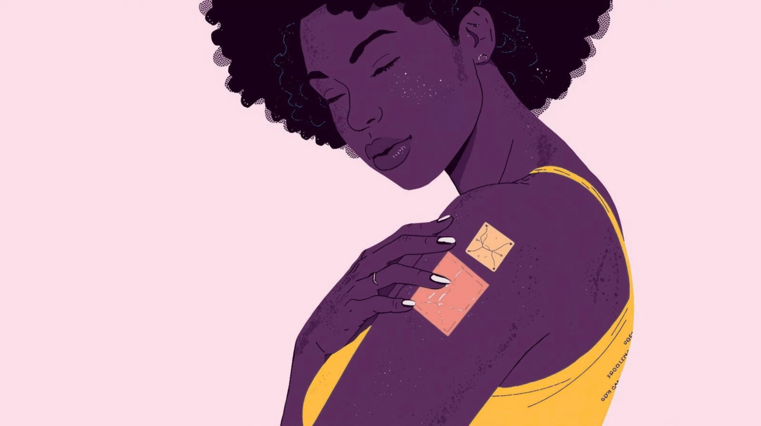 Illustration of a person with dark curly hair wearing a yellow tank top, applying two rectangular pain relief patches to their upper arm and shoulder.