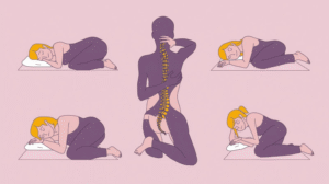 Illustration showing different sleeping positions like back, side with pillow between knees, stomach, and fetal with emphasis on their impact on spinal alignment and health.