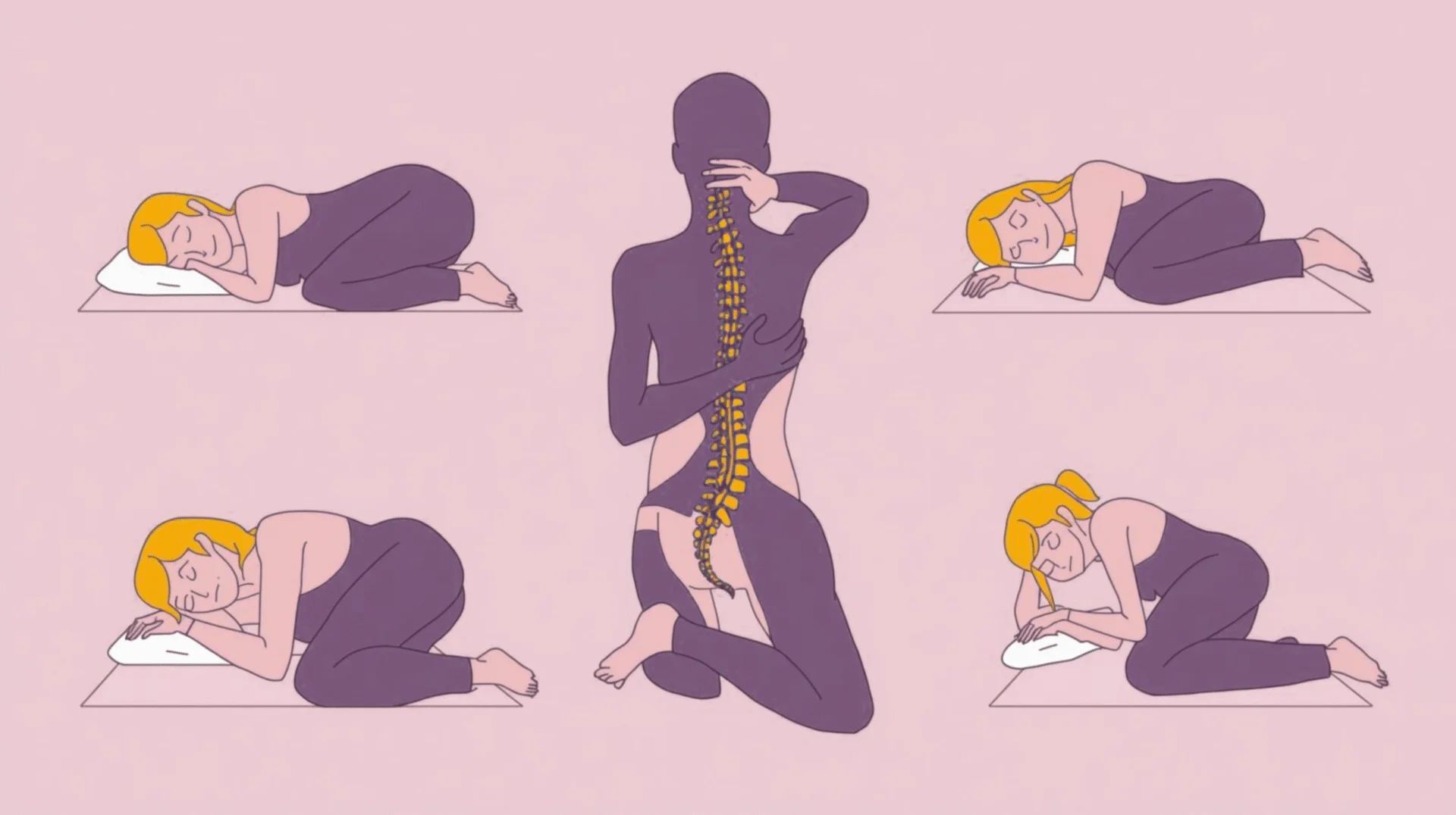 How Sleeping Positions Impact Your Spine Health Over Time Illustration showing different sleeping positions like back, side with pillow between knees, stomach, and fetal with emphasis on their impact on spinal alignment and health.