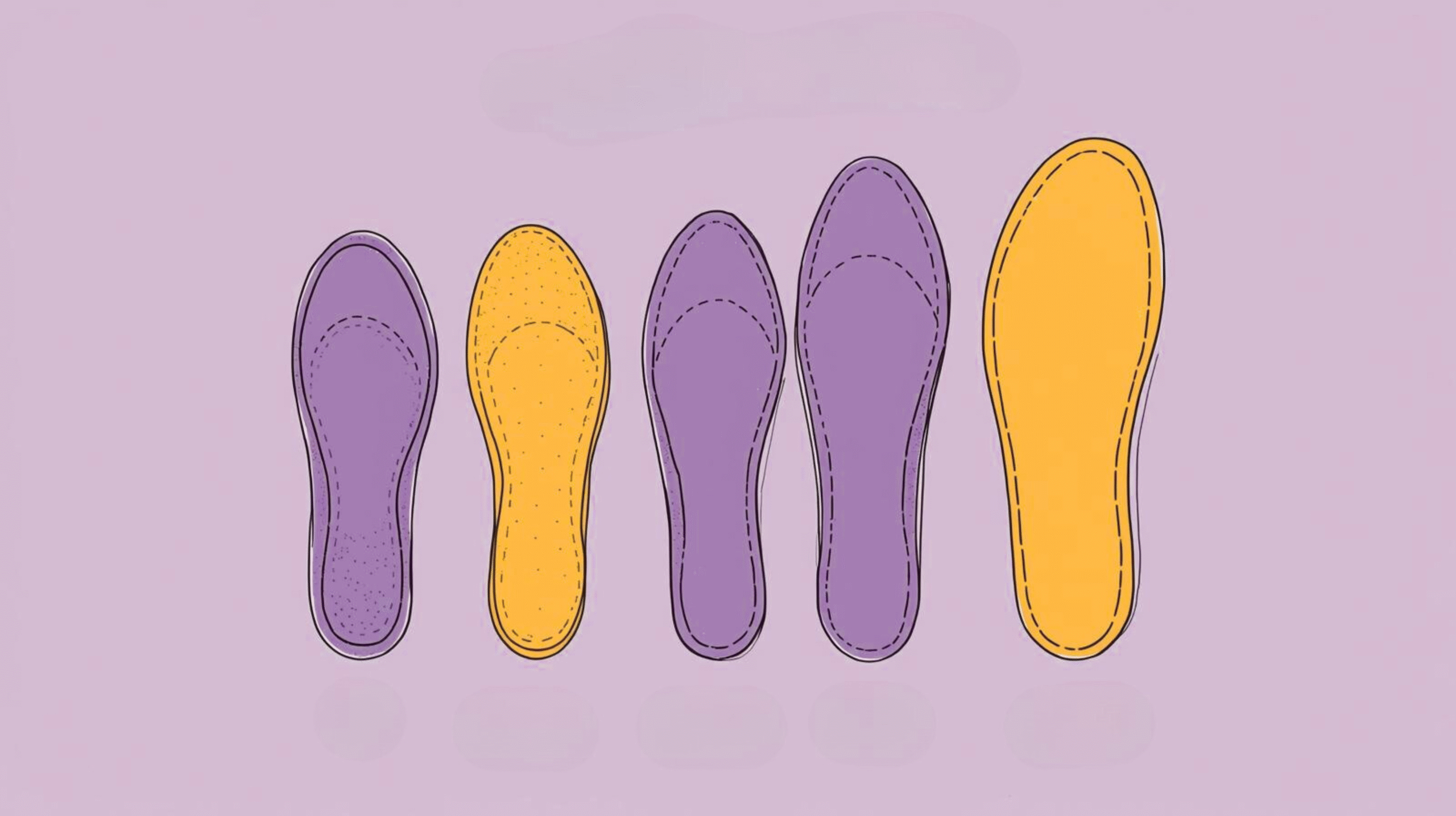 Illustration of different foot shapes including flat feet, normal arches, and high arches, alongside various insole types designed to match these foot shapes for optimal support.