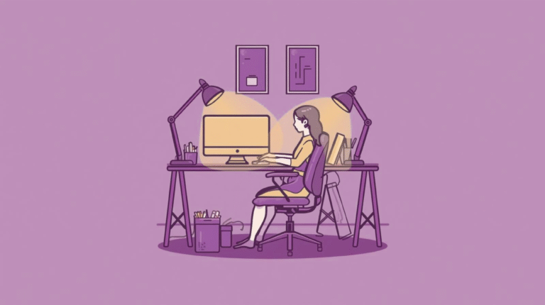 Home office setup showing a person working on a laptop at a desk with ergonomic adjustments such as lumbar support pillow, raised monitor on books, and footrest.