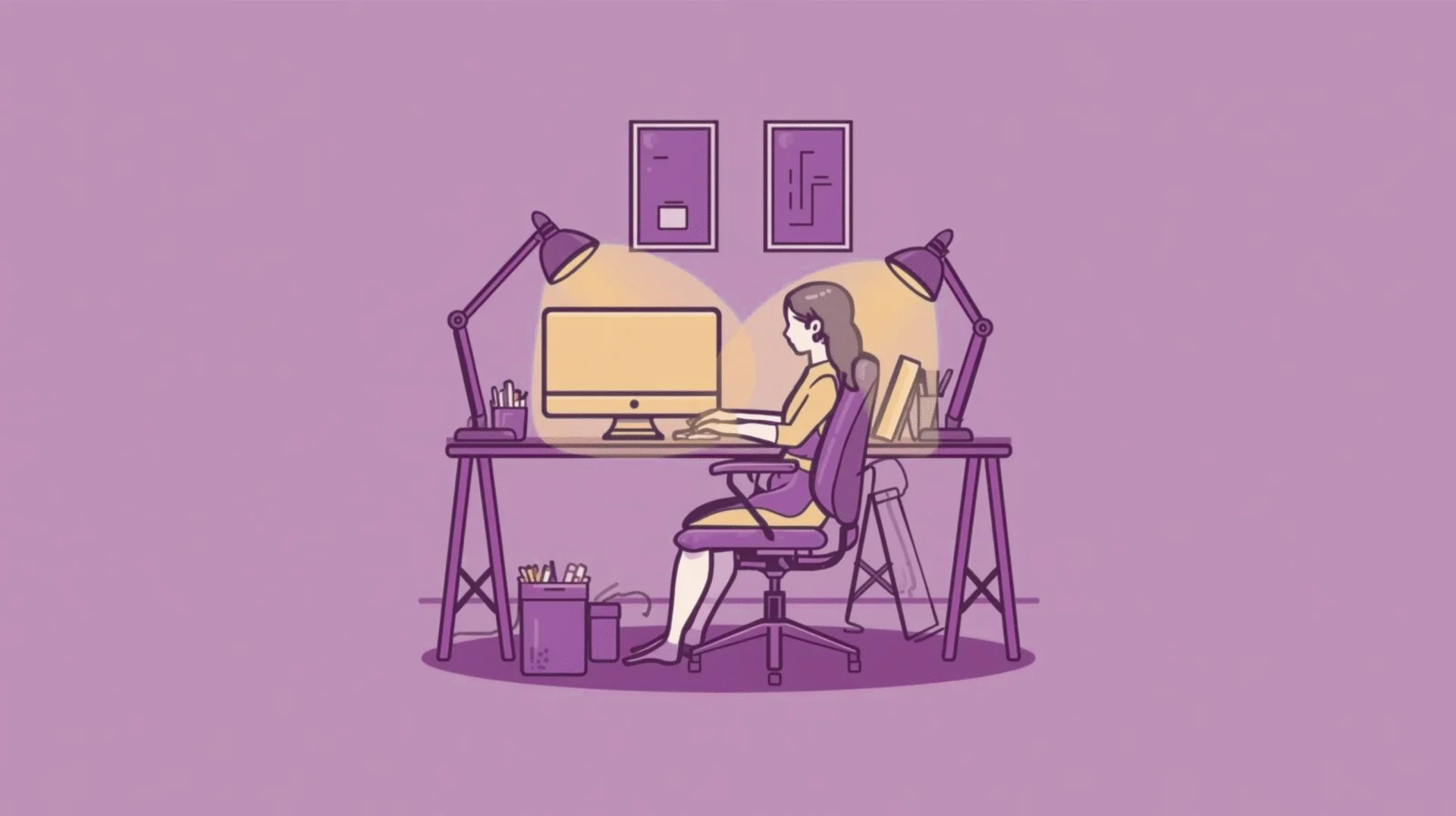 Home office setup showing a person working on a laptop at a desk with ergonomic adjustments such as lumbar support pillow, raised monitor on books, and footrest.