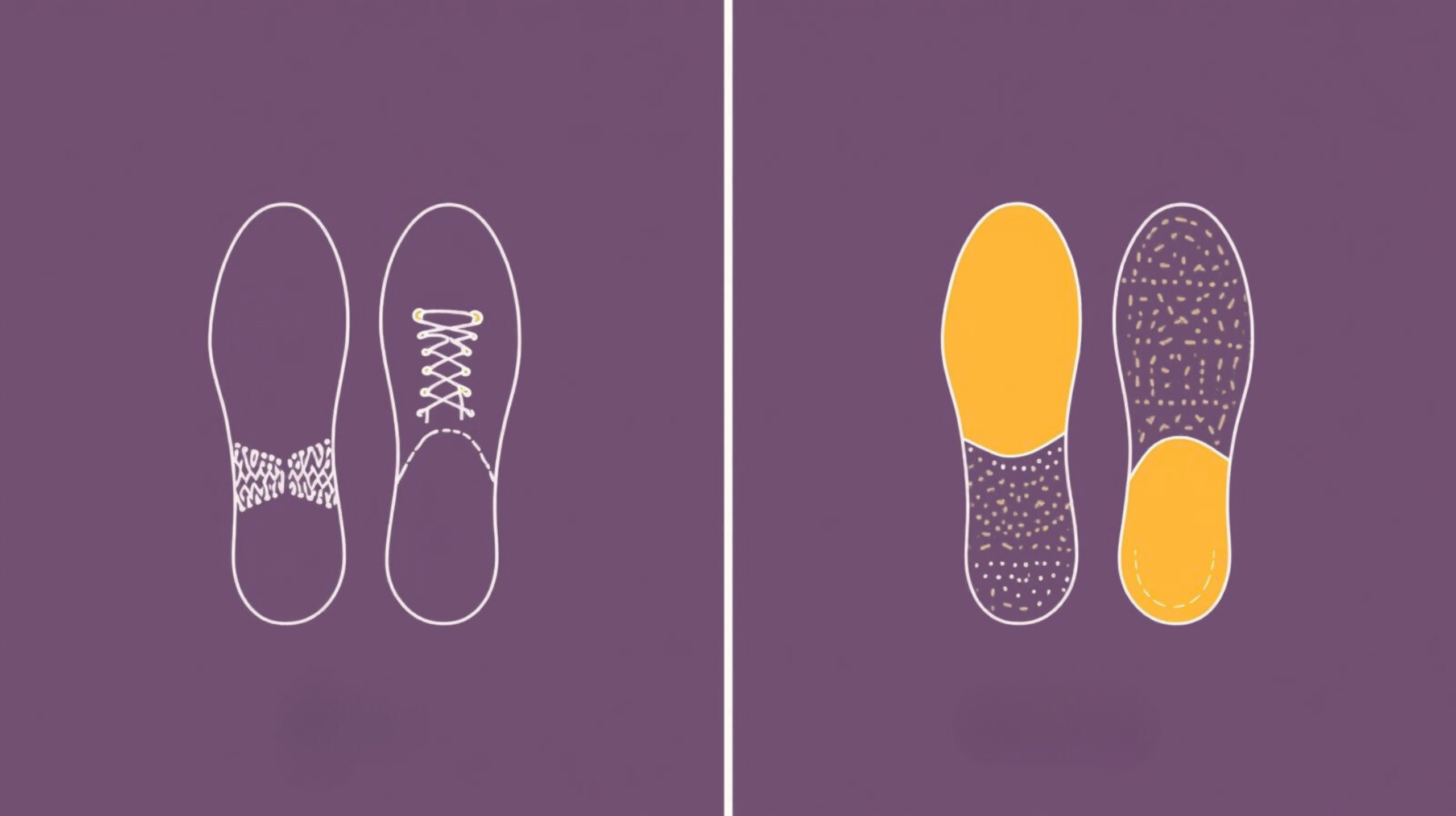 Comparison image showing insoles designed for sneakers with thick cushioning and breathable materials versus slim leather insoles for formal shoes.