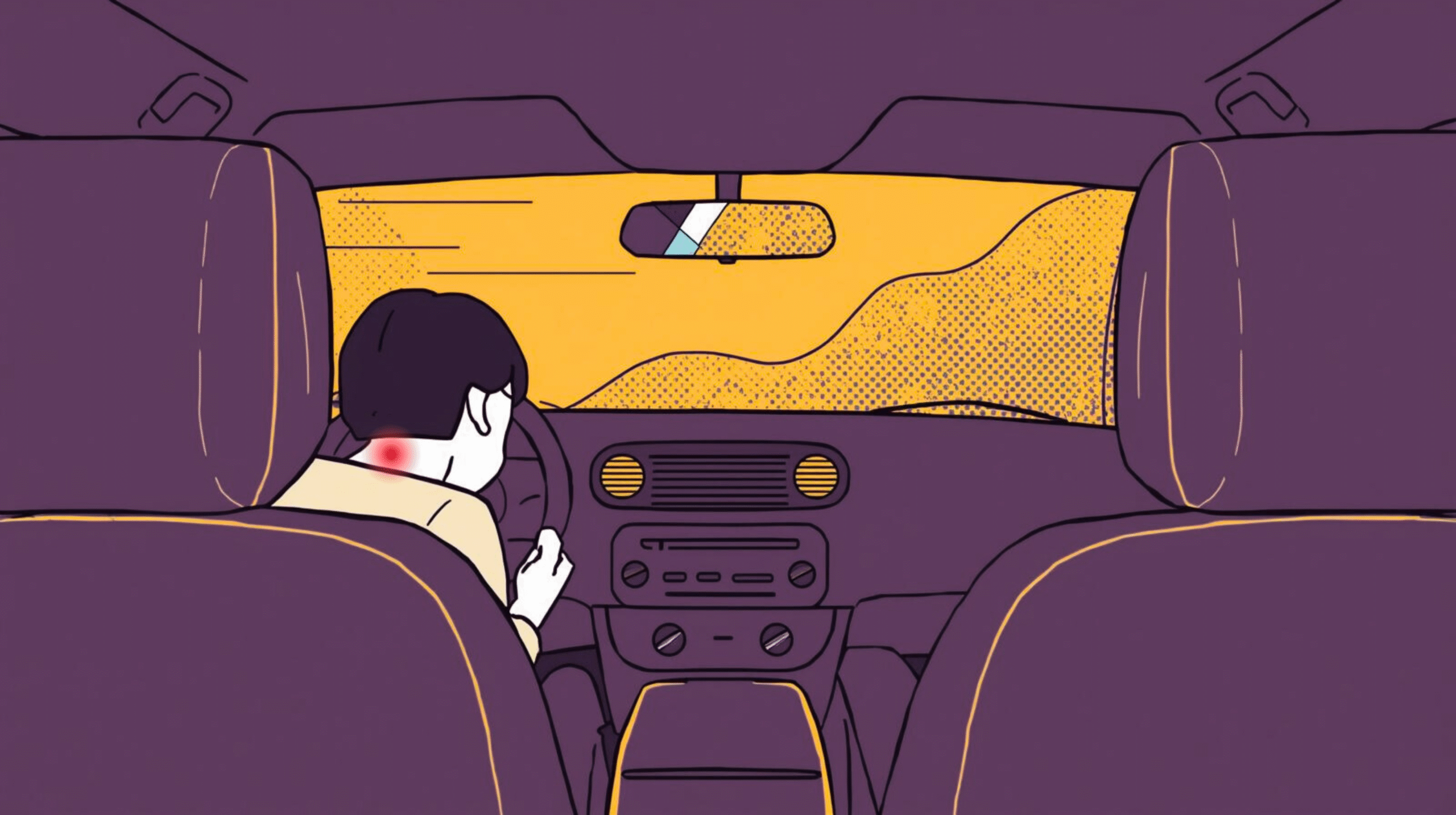 Illustration of a person sitting in a car seat with a straight posture, holding the steering wheel, surrounded by icons representing back, neck, and hip pain, fatigue, and cognitive strain due to long driving.
