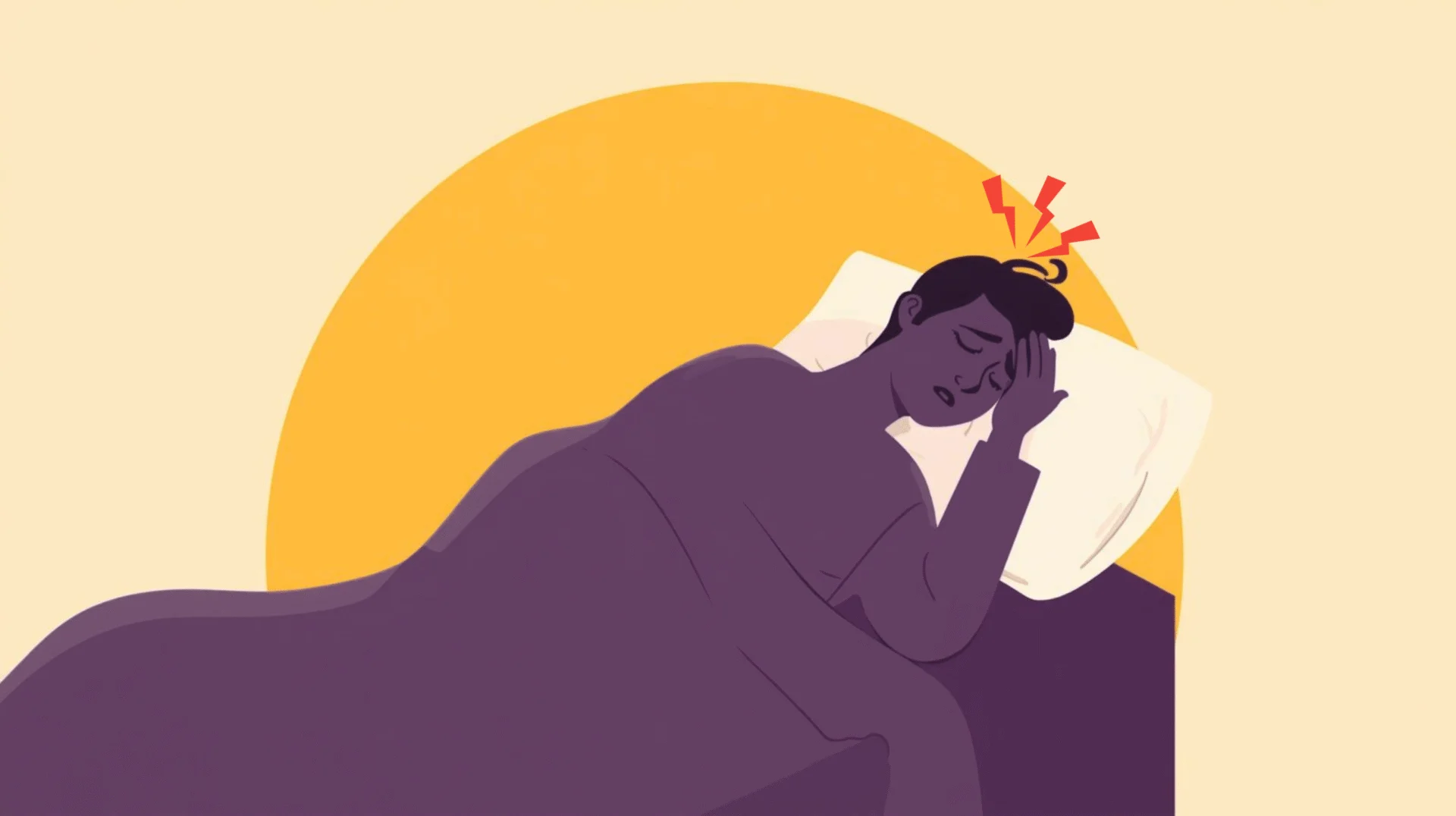 Migraine Illustration of a person lying on their side with head resting on a pillow, showing signs of headache with red pain symbols above the head.