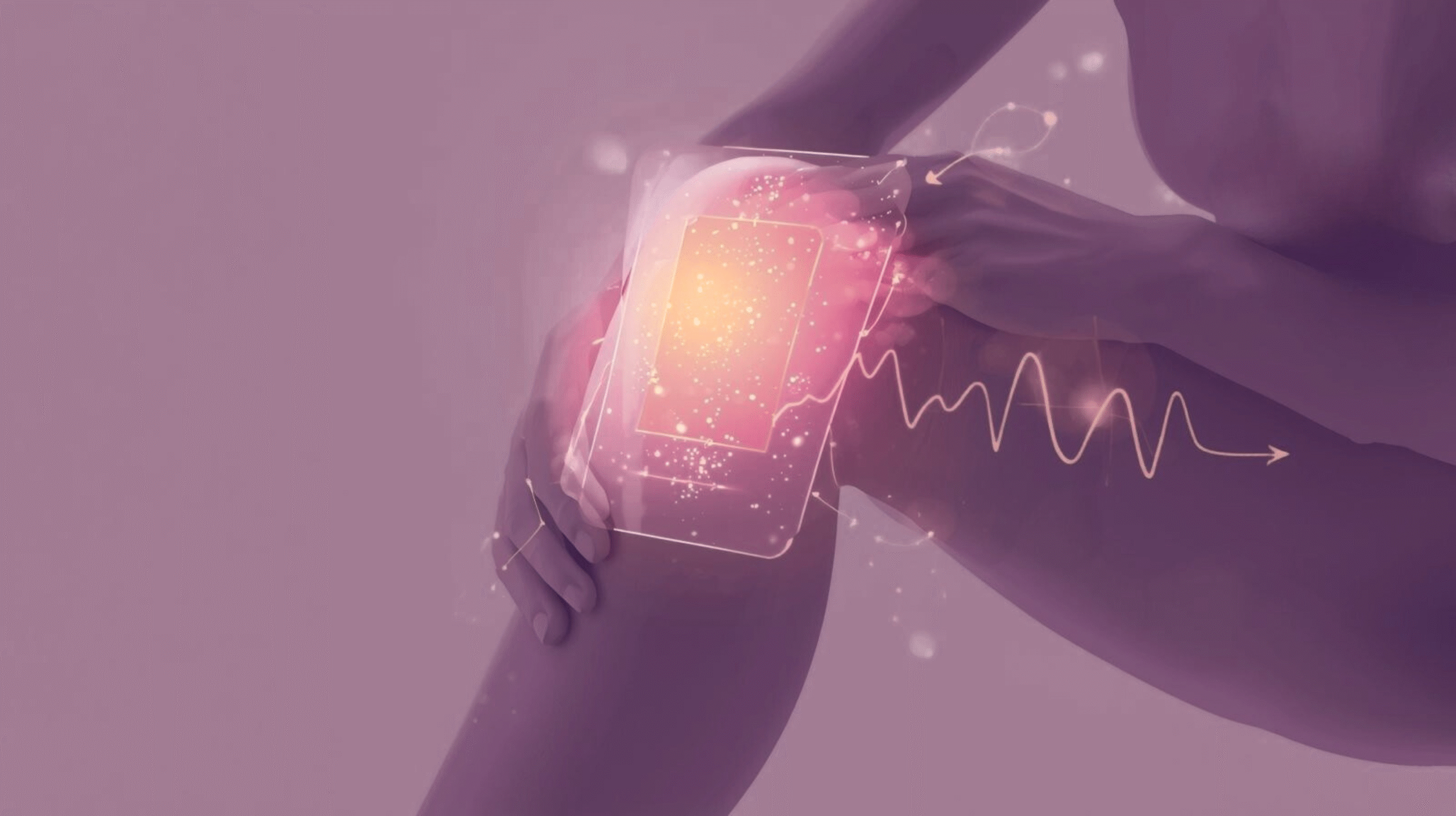 Close-up illustration of a flexible, transparent pain relief patch adhered to the skin on a human Knee, showing embedded microcapsules releasing medication for targeted pain relief.