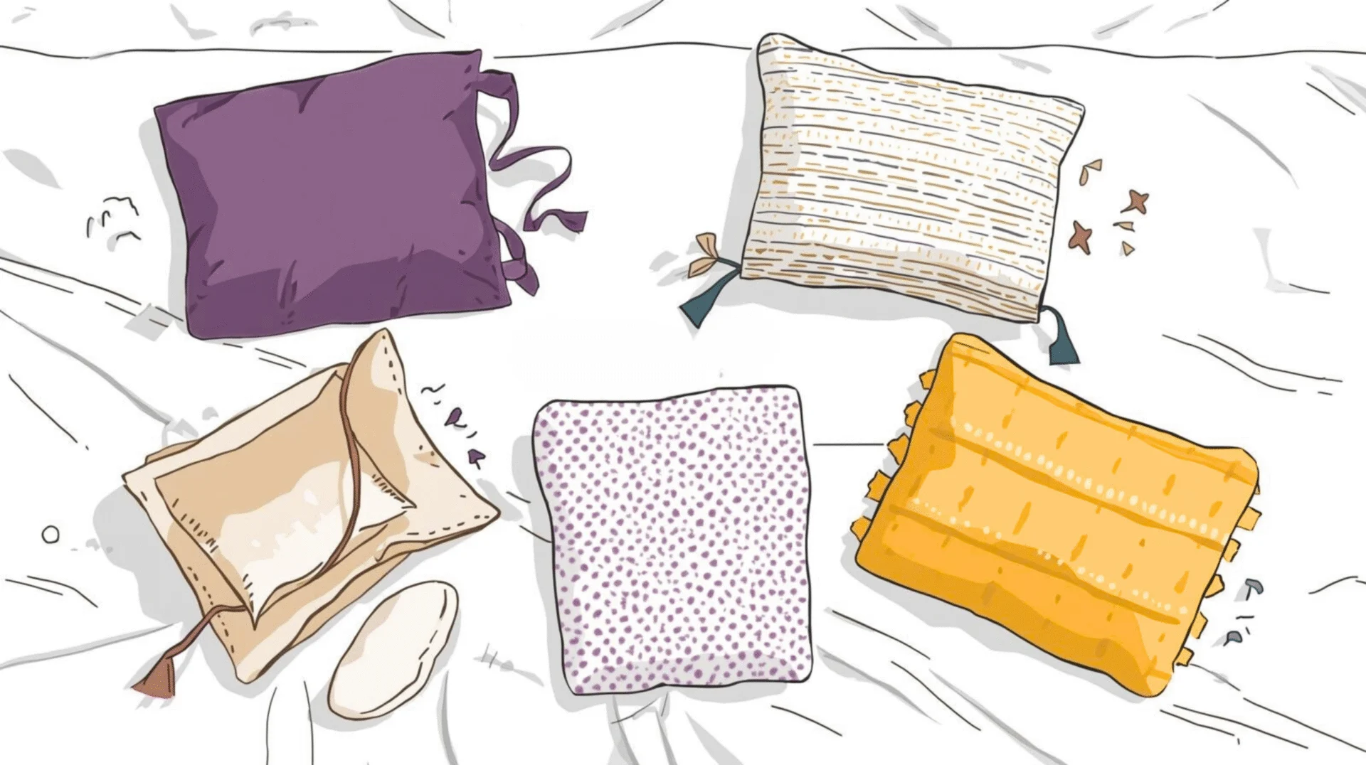 Illustration showing various pillow materials such as memory foam, latex, down, bamboo, and buckwheat, highlighting their allergy resistance and comfort features.