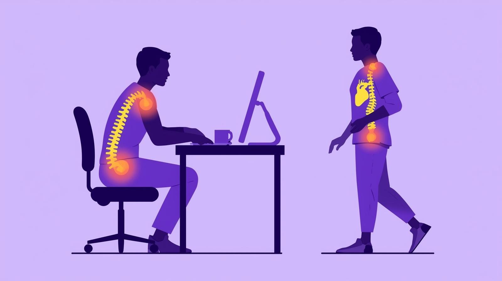illustration showing a person sitting at a desk for long hours with highlighted problem areas (spine, neck, shoulders, heart) Contrast with another figure standing or walking with a healthier posture