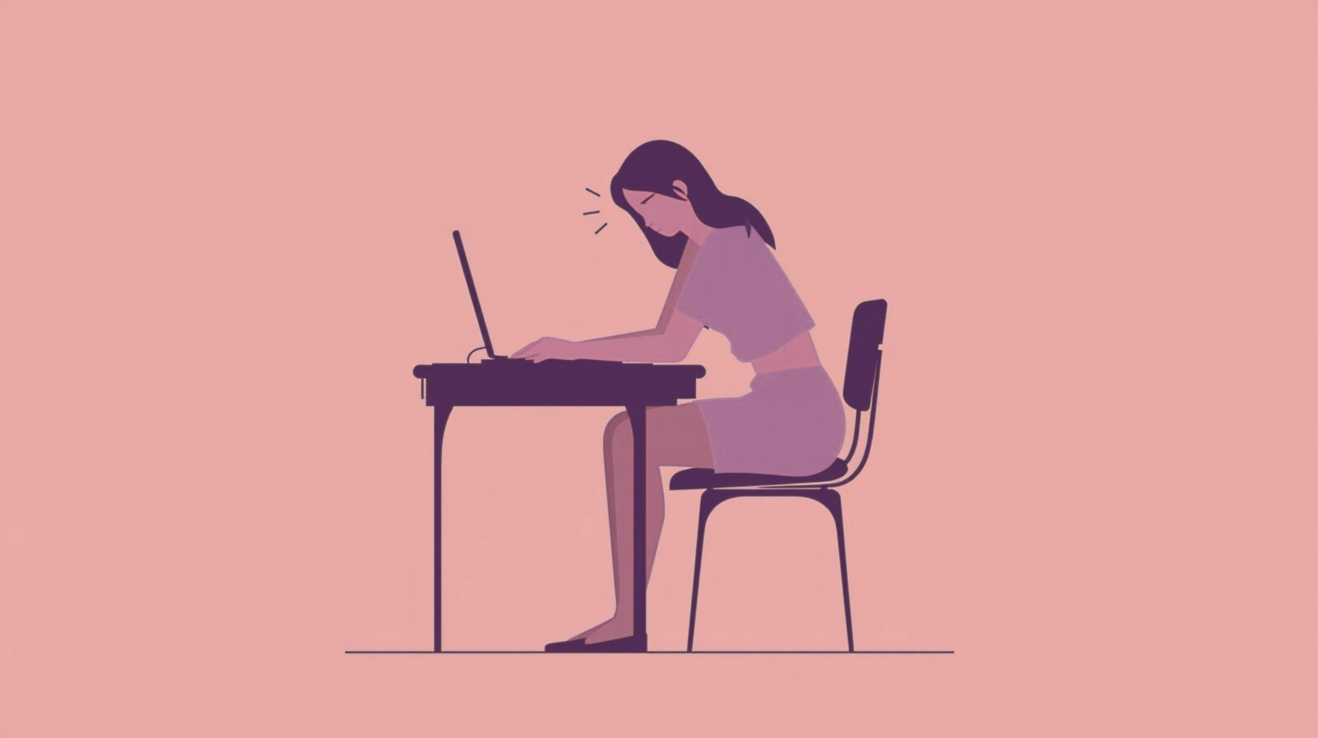 Illustration showing a person sitting at a desk with poor posture, including crossed legs and slouching, leading to hip misalignment with uneven hips and pelvis tilt.
