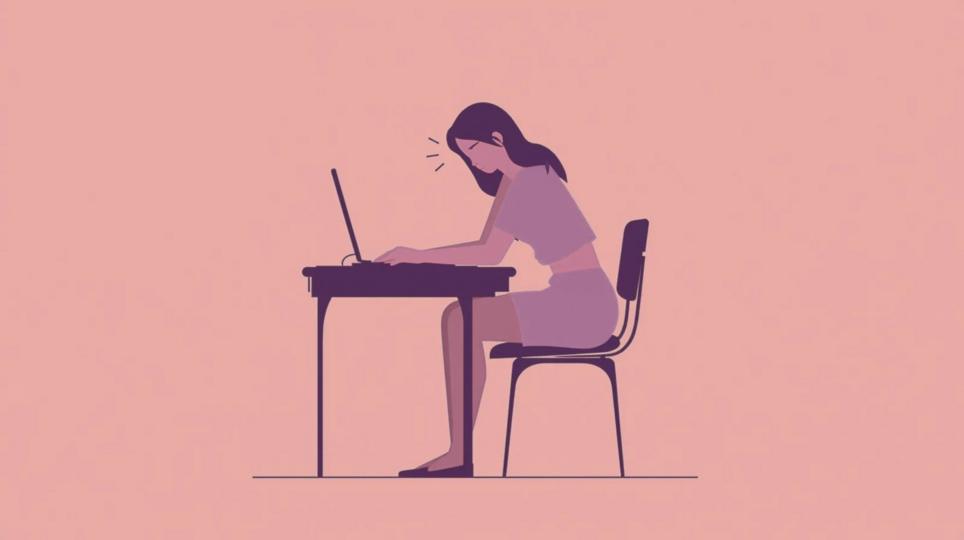 Illustration showing a person sitting at a desk with poor posture, including crossed legs and slouching, leading to hip misalignment with uneven hips and pelvis tilt.