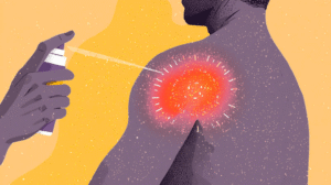 Person spraying pain relief spray on sore muscles for fast, targeted relief