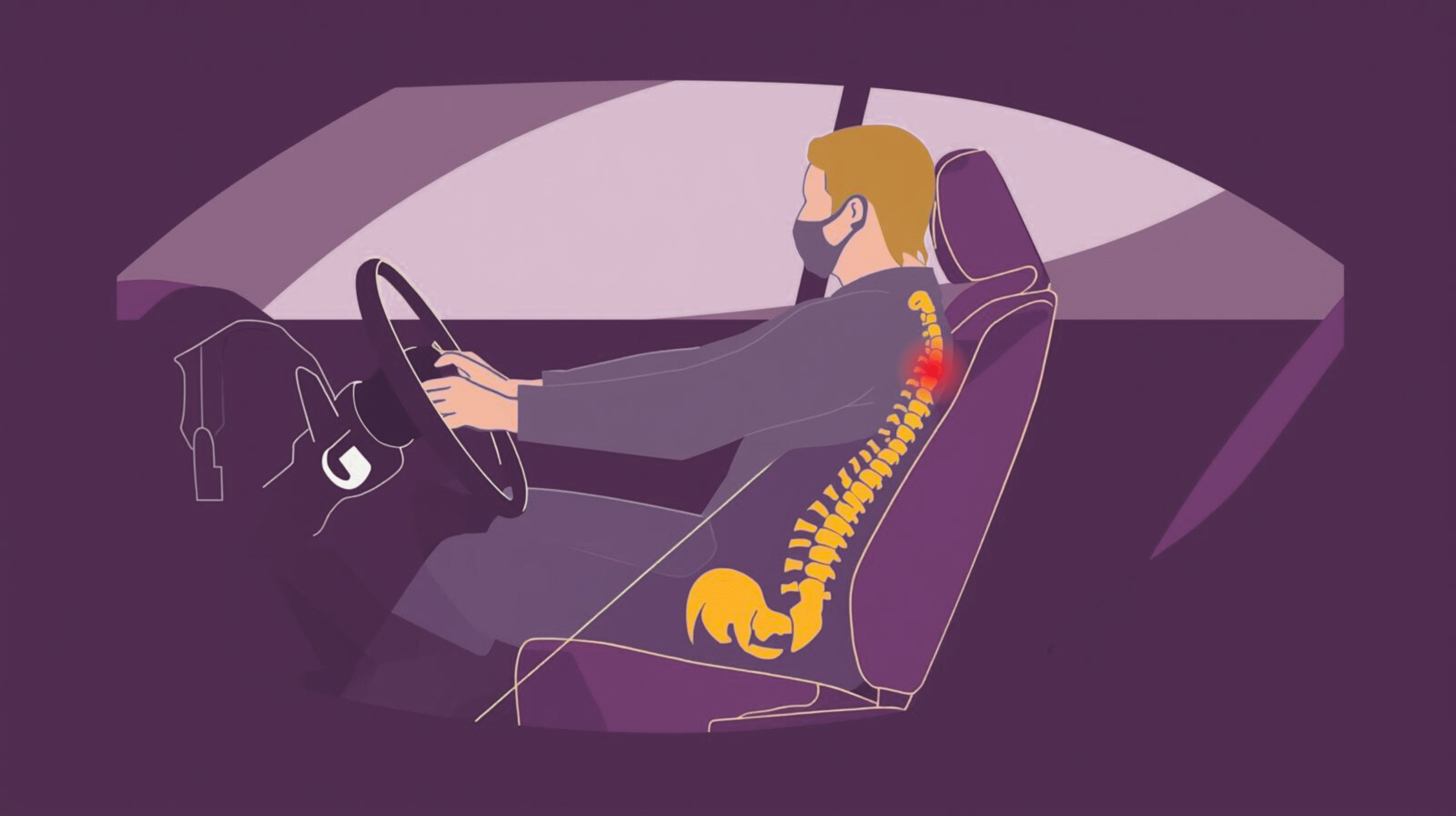 Driver sitting in a car seat with proper seat angle adjustment showing lumbar support, slight recline, and ergonomic posture for spinal health.