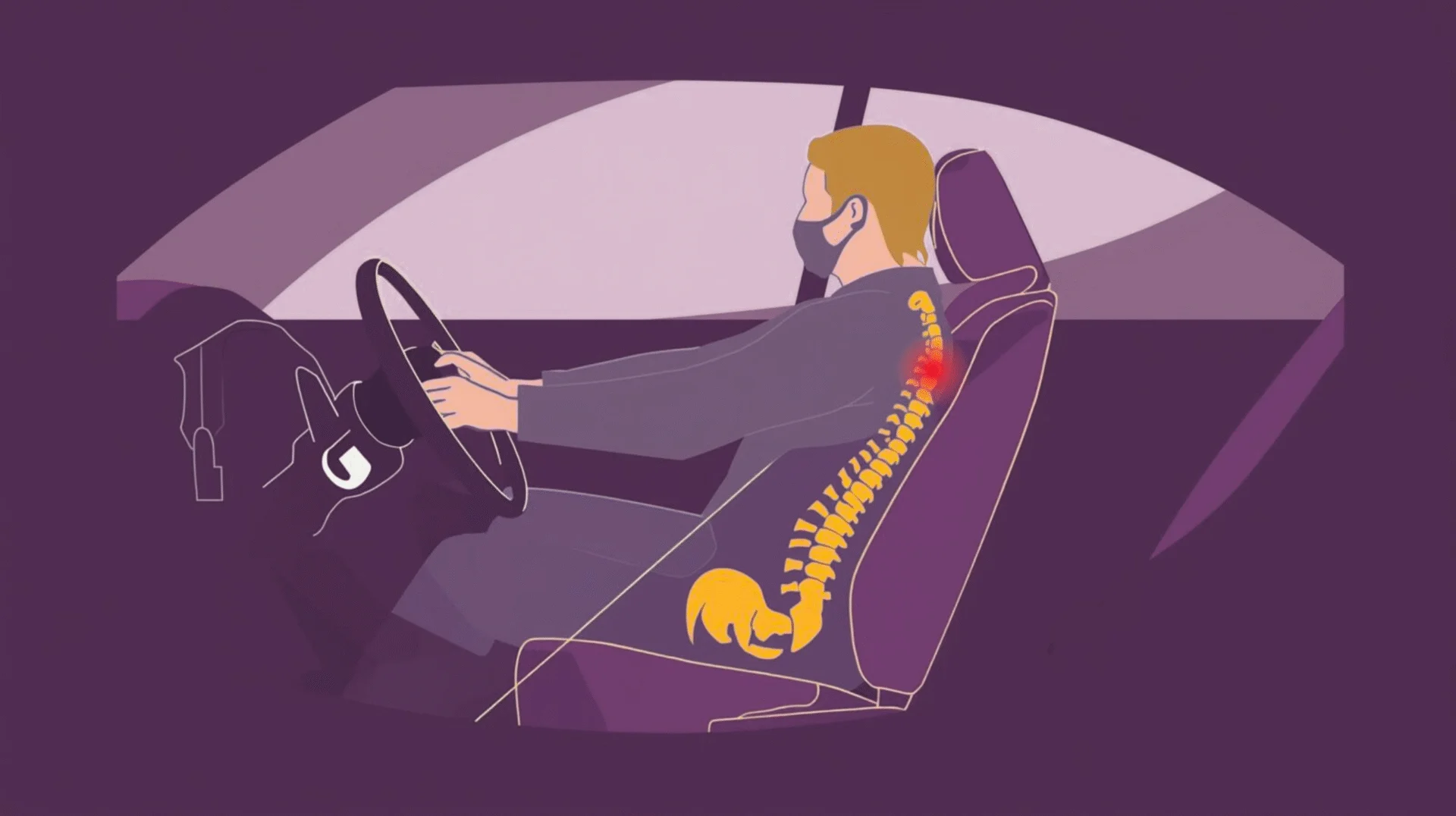Driver sitting in a car seat with proper seat angle adjustment showing lumbar support, slight recline, and ergonomic posture for spinal health.