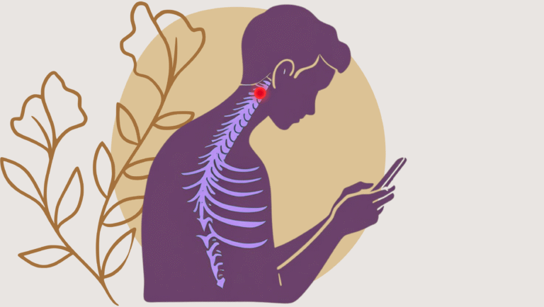 Person looking down at a smartphone, with exaggerated curvature of the neck and spine highlighted to show strain.