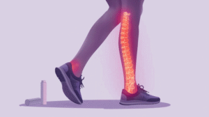 Person walking in cushioned running shoes, with an overlay highlighting misalignment in the spine and joints linked to back pain.