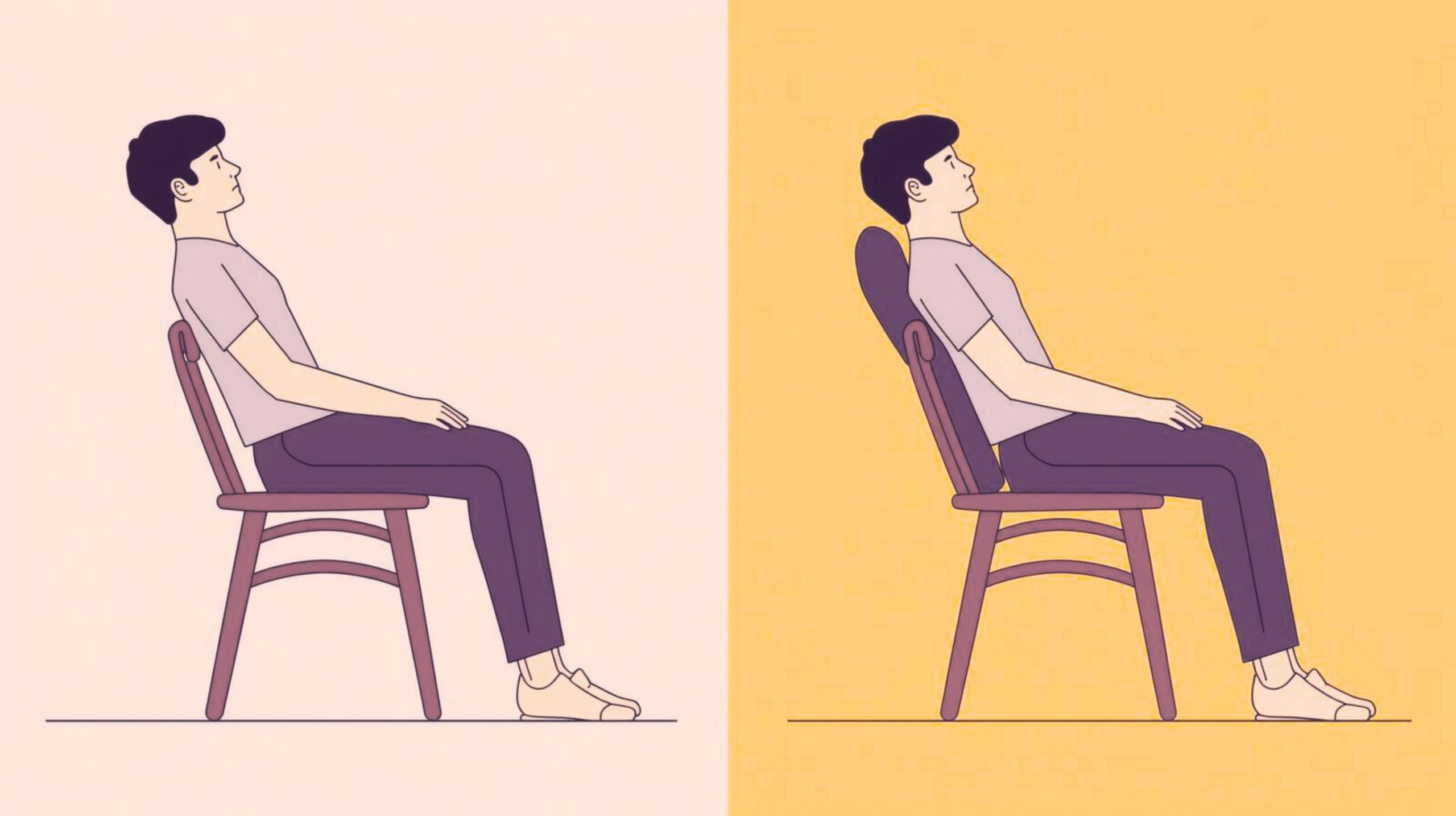 Comparison of sitting on a hard surface versus sitting with a coccyx cushion, highlighting pressure relief and improved tailbone comfort with the cushion.
