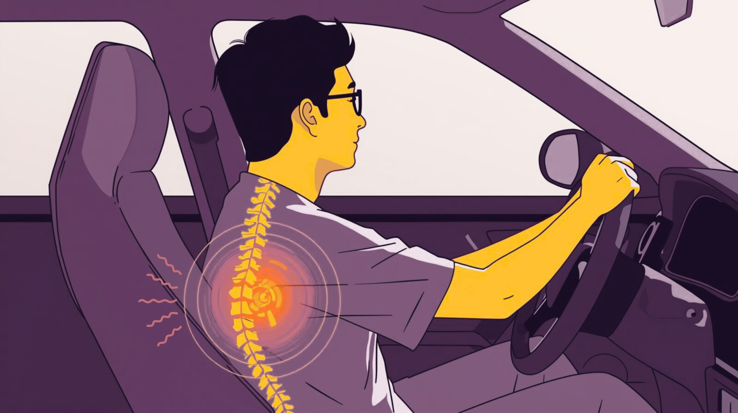 Illustration showing a driver in a vehicle seat with vibration waves impacting the lower back and spine, highlighting areas affected by whole-body vibration.