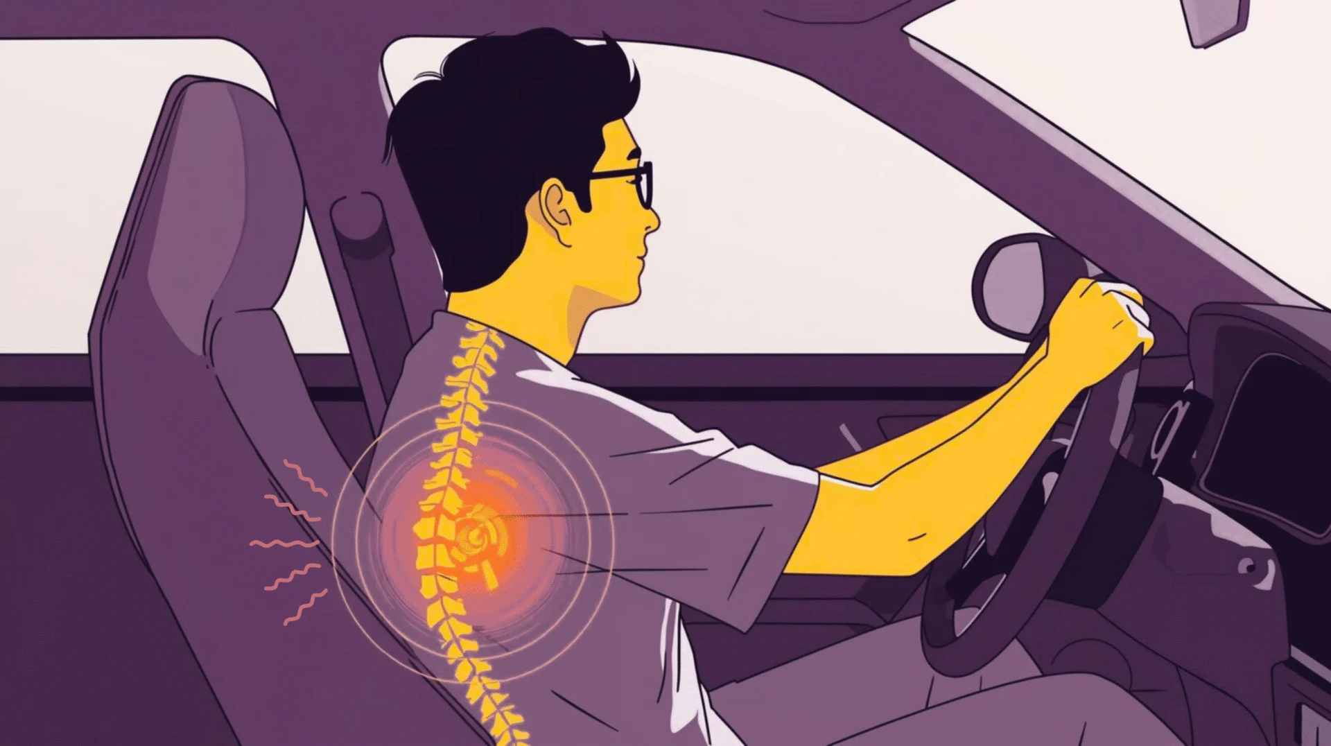 Illustration showing a driver in a vehicle seat with vibration waves impacting the lower back and spine, highlighting areas affected by whole-body vibration.