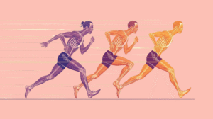 Illustration of Olympic athletes walking with strong posture and muscular definition, highlighting biomechanical differences in their stride.