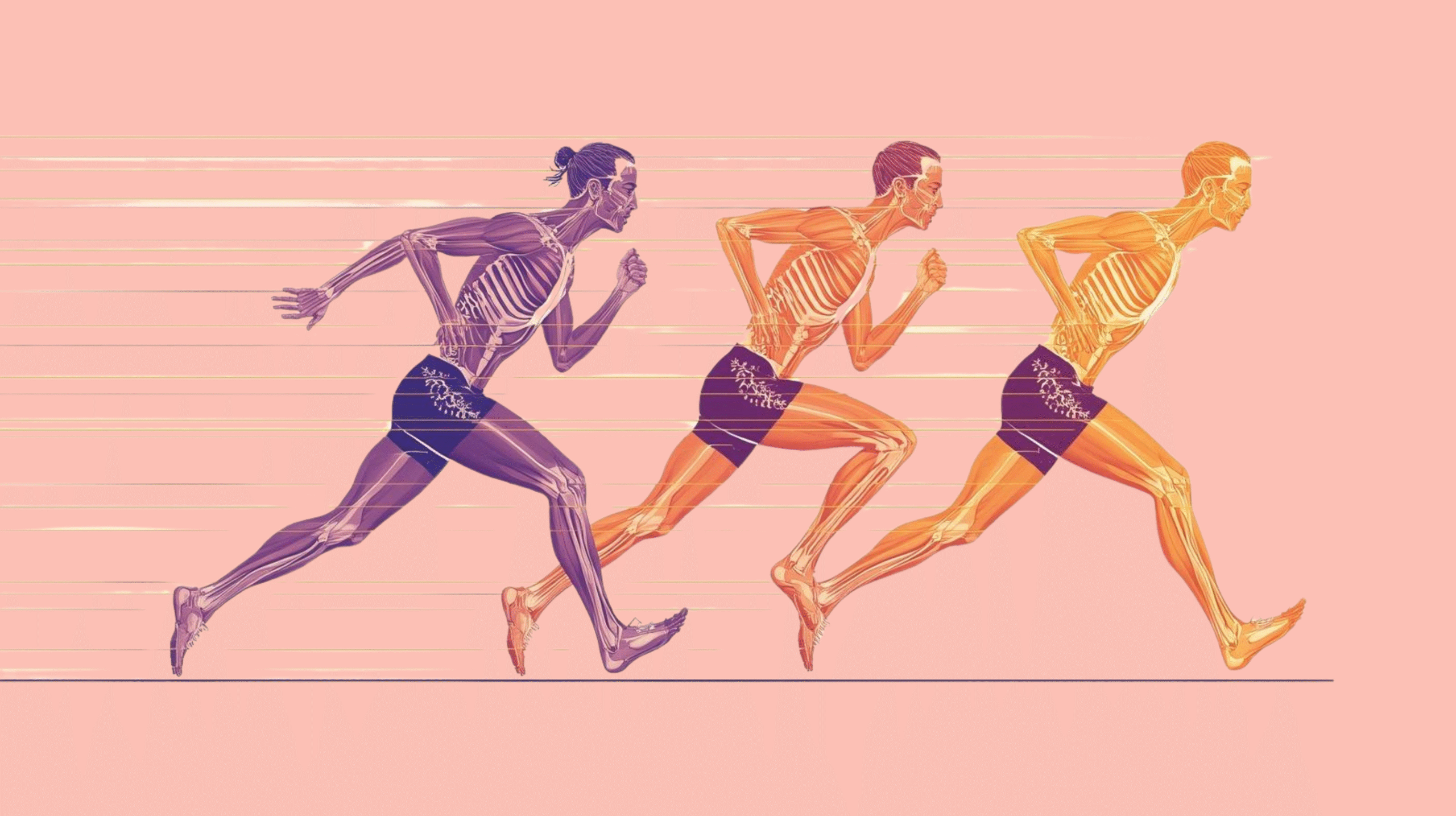 Illustration of Olympic athletes walking with strong posture and muscular definition, highlighting biomechanical differences in their stride.
