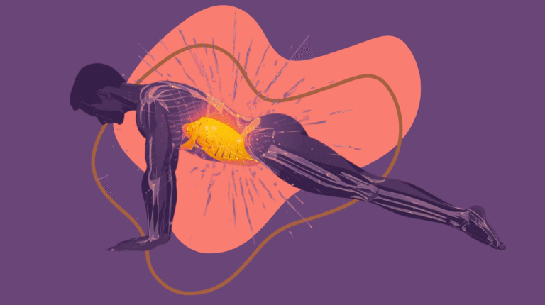 Illustration of a person standing upright with faded abdominal and back muscles, symbolizing “sleeping” core muscles