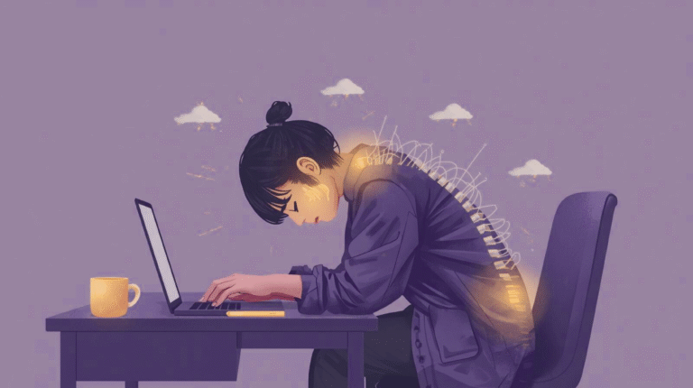 Person sitting slouched at a desk with rounded shoulders and forward head, appearing stressed and fatigued, with abstract lines and cloud-like shapes above the head symbolizing anxiety and mental tension.