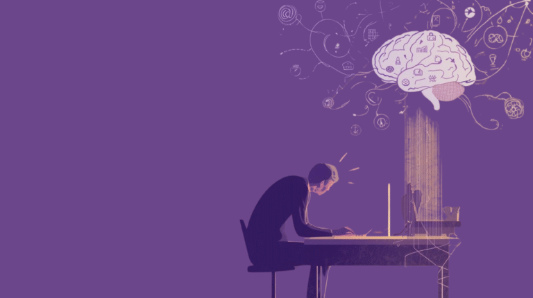 Minimal boho-style illustration showing the mind-body connection behind back pain — a person sits hunched at a desk with a glowing violet spine and soft yellow background representing tension turning to calm.