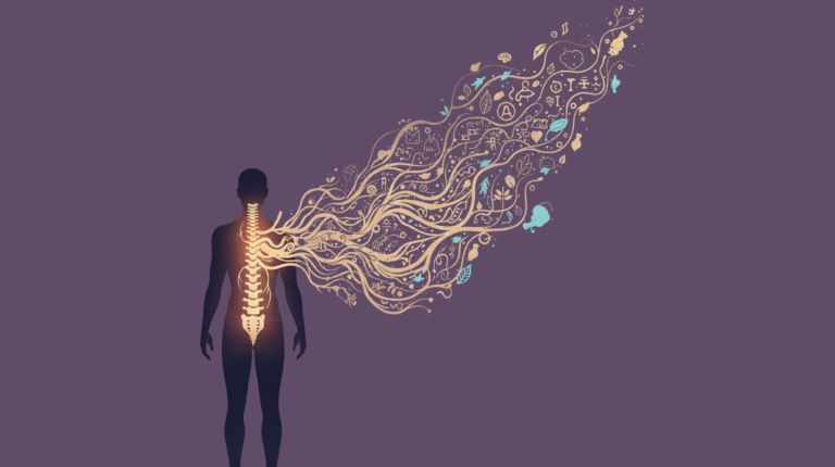 A striking digital illustration showing the silhouette of a person with a glowing, visible spine, from which a complex, flowing stream of spiritual energy, thoughts, and symbolic forms (like hands, hearts, and brains) emanates and flows outward, representing unspoken communication.