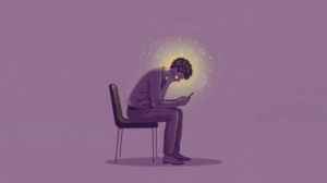 Person hunched over a smartphone with neck strain and visual cues of mental fatigue.