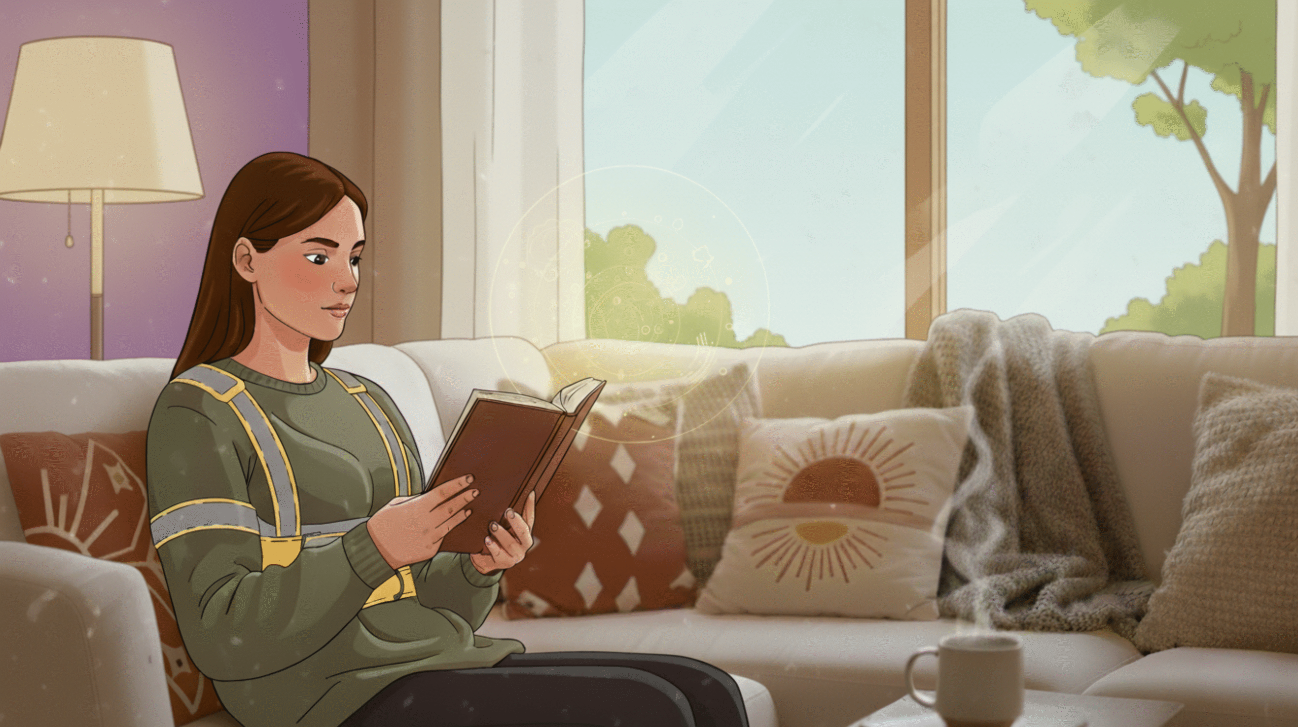 Person sitting upright at a desk wearing a posture corrector belt to improve spine alignment and prevent slouching.