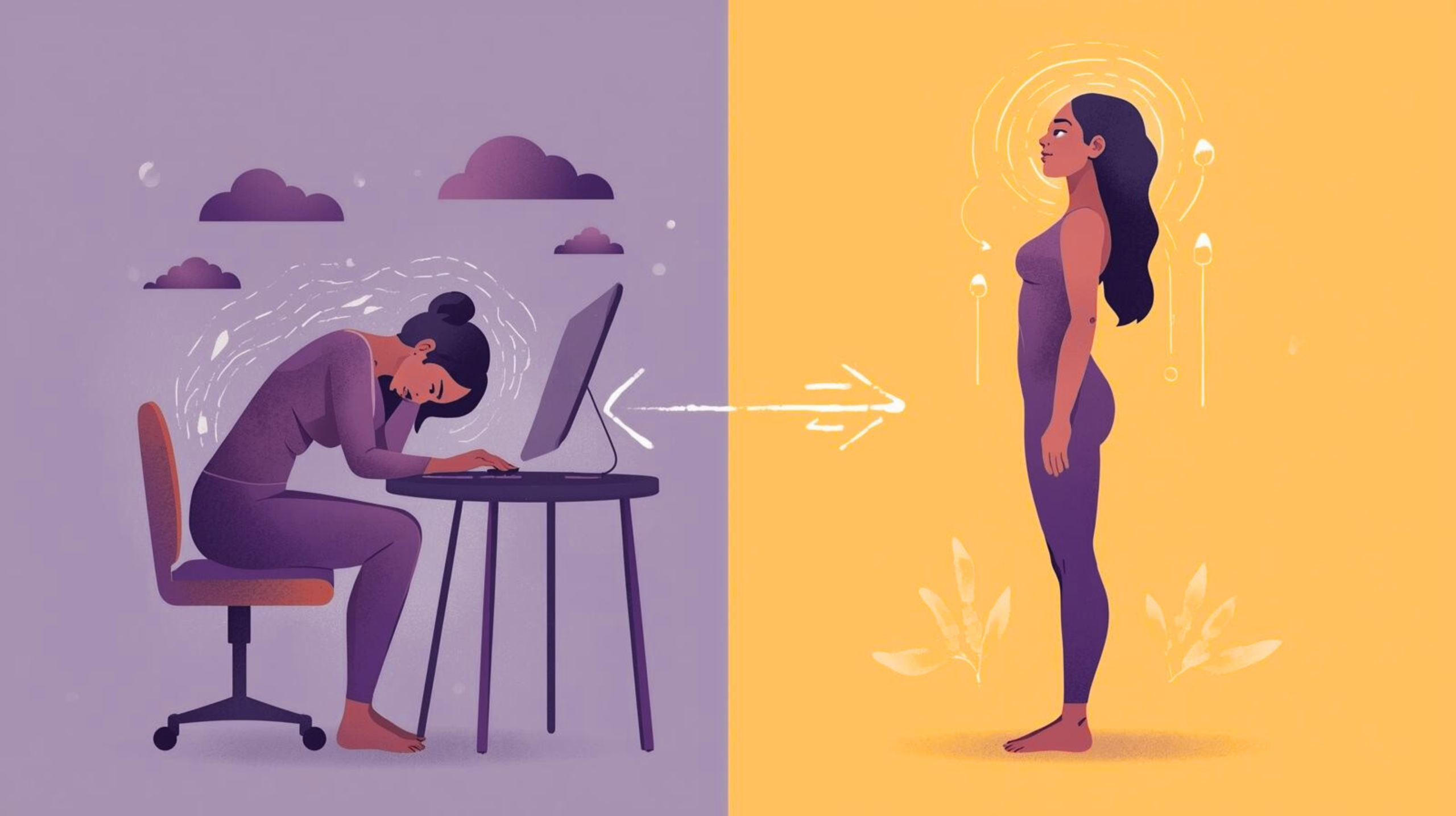 Illustration showing how stress affects posture, with a slouched, tense figure on one side and the same person standing upright and relaxed on the other, connected in a continuous stress–posture cycle.