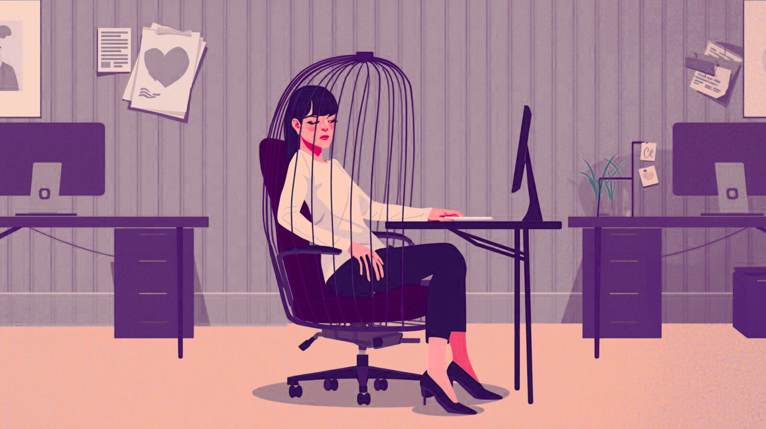 Sitting Is the New Shutdown How Your Chair Became a Cage (1) Office worker sitting in a chair that transforms into a cage, symbolizing the health risks of prolonged sitting