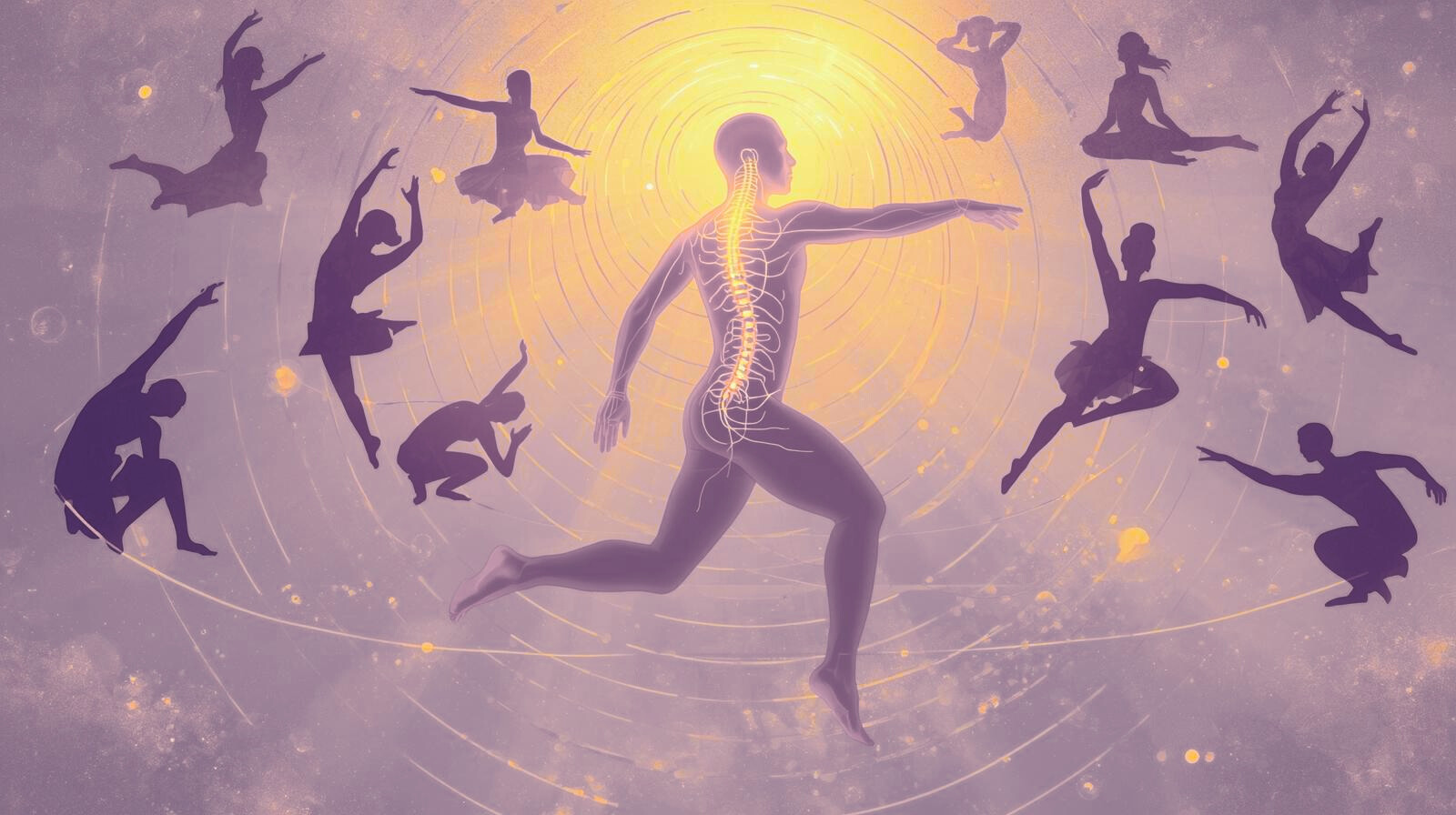 Ancient movement rituals contrasted with modern sedentary life, showing rhythmic motion, breath, and nervous system balance