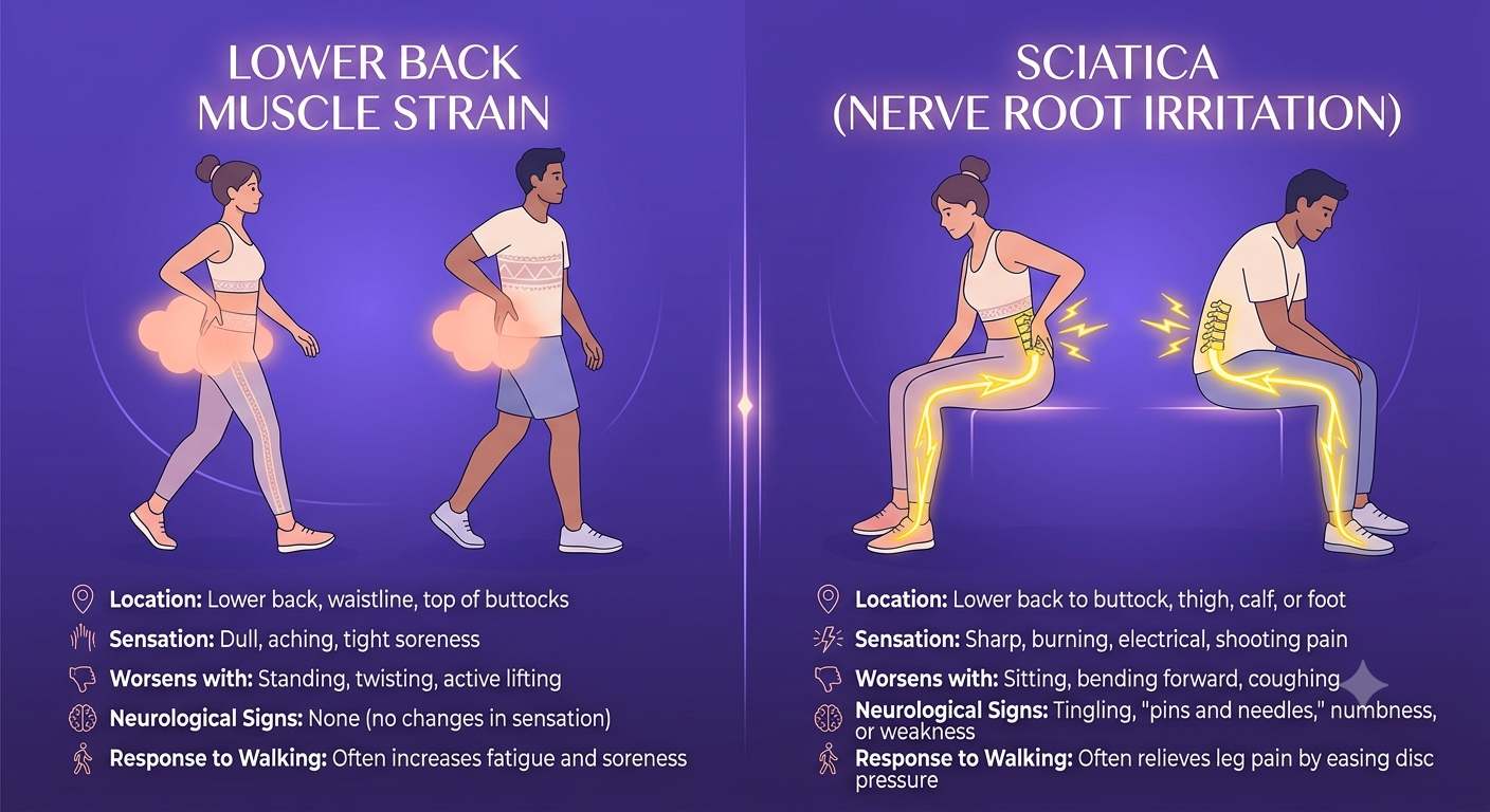 Illustration showing the sciatica vs lower back strain