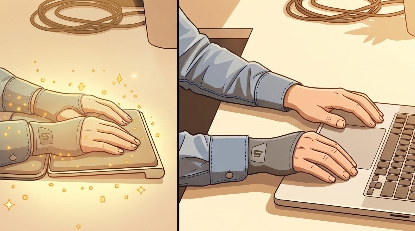 person wearing wrist support urbane under shirt cuff at office desk