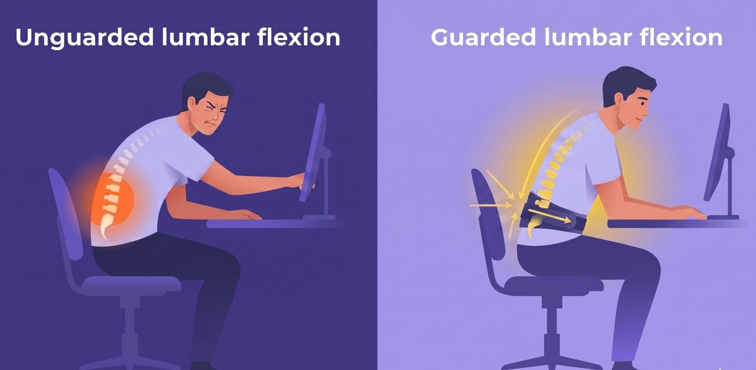 Illustration comparing poor sitting posture and guarded lumbar flexion with back support to prevent bending forward sciatica pain.